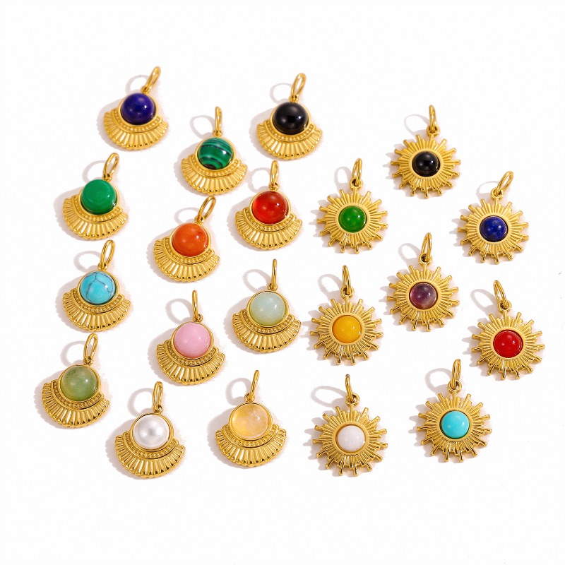 金メッキ加工のサンバースト模様の天然石ペンダント。丸い宝石を - Jewelry Making Gemstones のレビューと価格